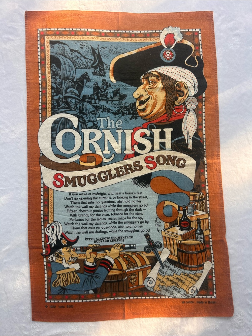 Vintage Vista Tea Towel The Cornish Smugglers Song Illustrated 1982